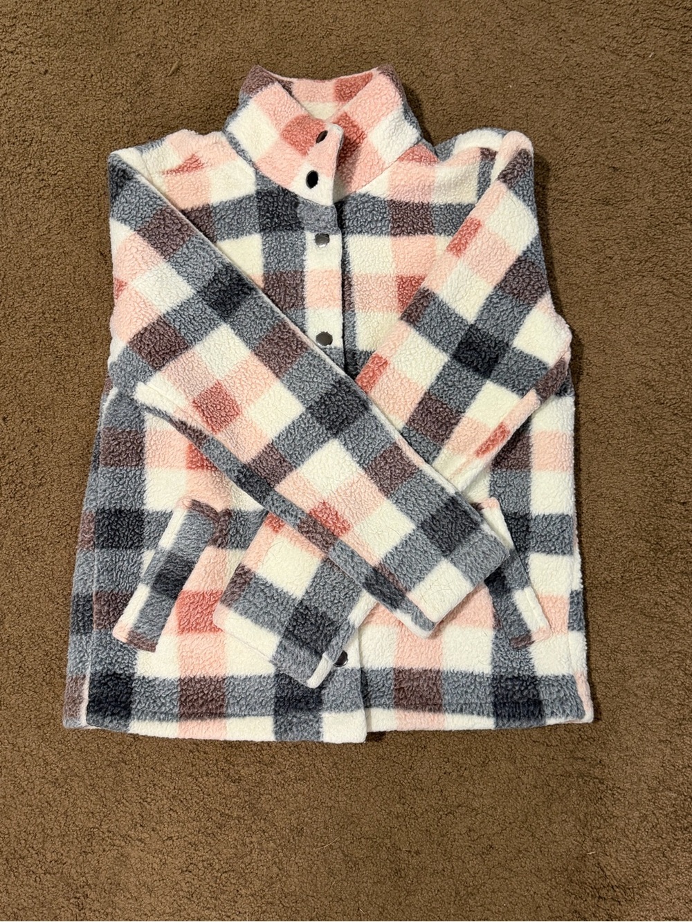 Maurices Pink, Gray & Cream Plush Plaid Jacket